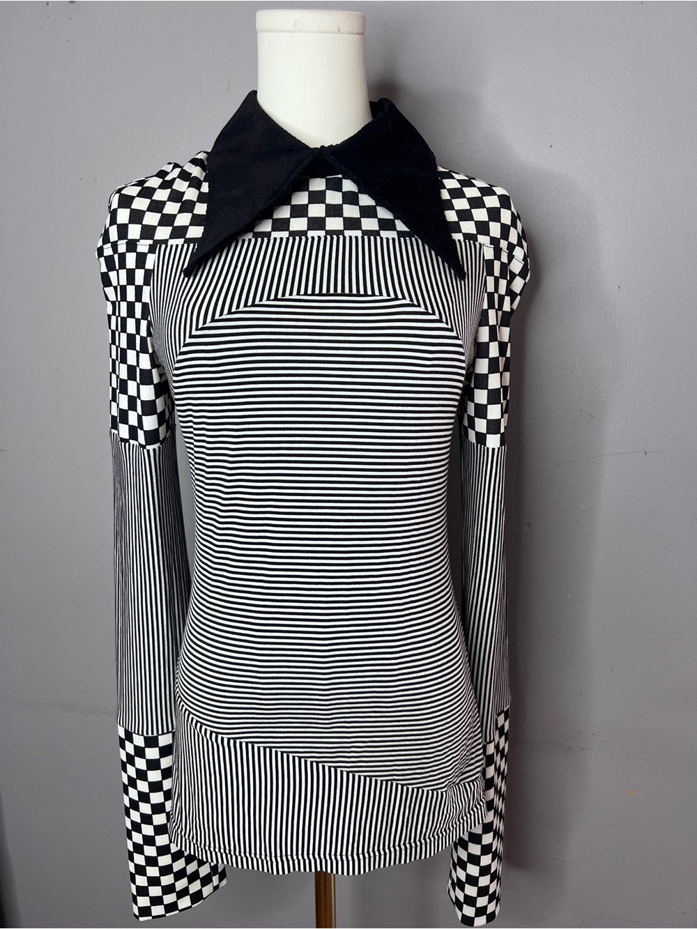 Nuvula Black & White Striped and Checkerboard Long-Sleeve with Pointed Collar